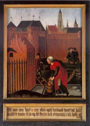 Vertaling van de tekst onder het paneel: In 't jaar onzes heren 1444 op den kerstavond werd dit beeld gevonden in 't water en is op St. Stevensdag eerbiedwaardig in deze kerk gebracht.